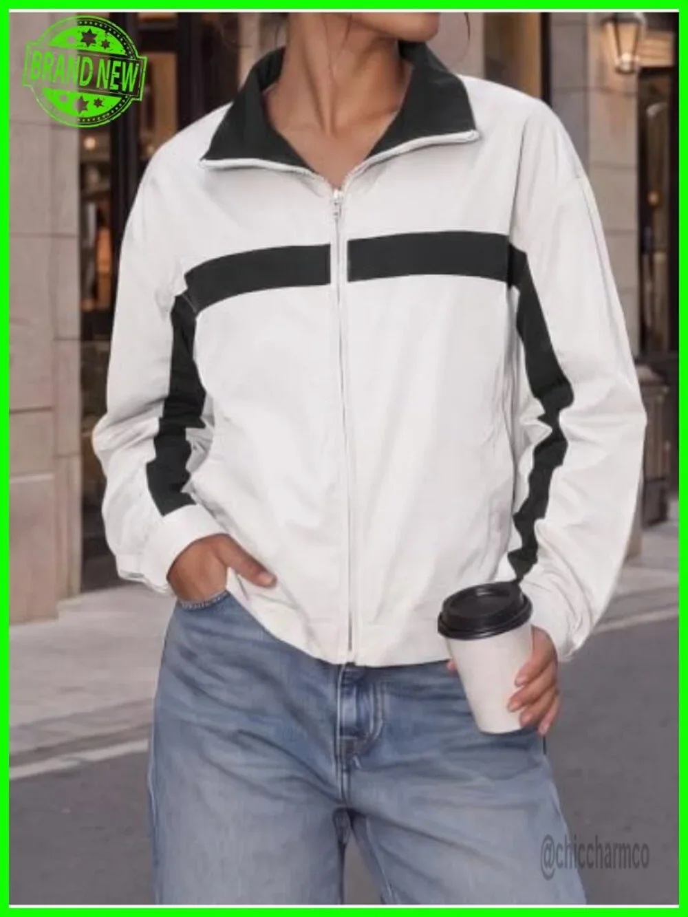 Cropped Zip Up Windbreaker Jacket Oversized Lightweight Casual Colorblock